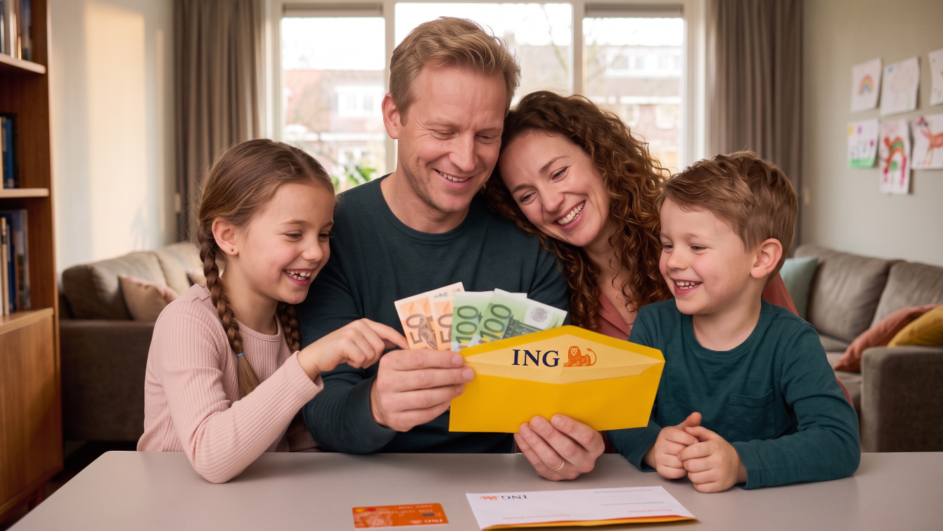 Gezin bekijkt samen een envelop met huishoudgeld